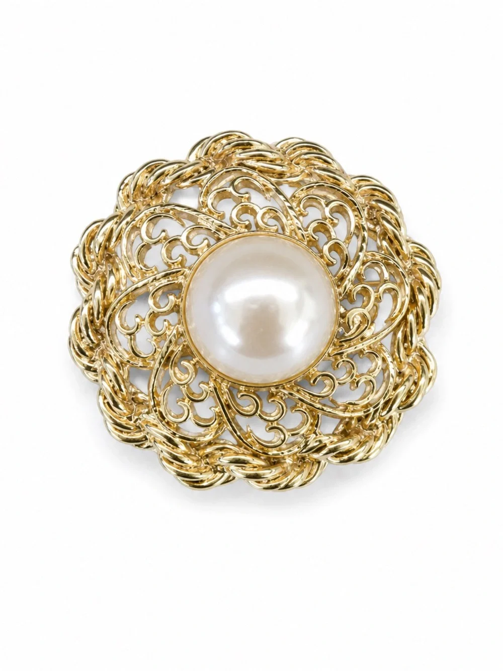 Vintage Gold Openwork Brooch Filigree Faux Pearl Cabochon Costume Jewelry Retro